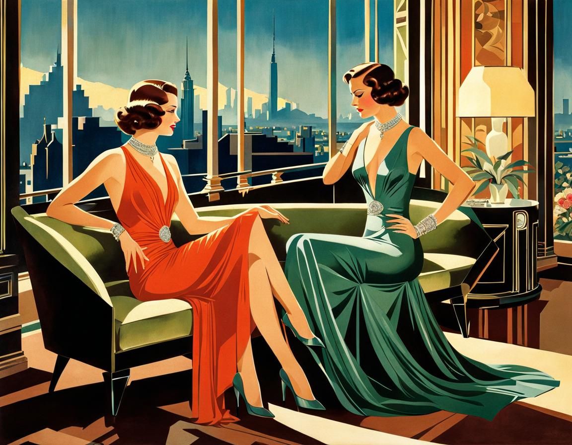 Two Beautiful Women in Art Deco Apartment