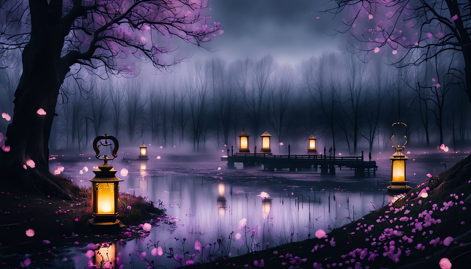 Dark Blue Cherry Blossoms in Foggy Park