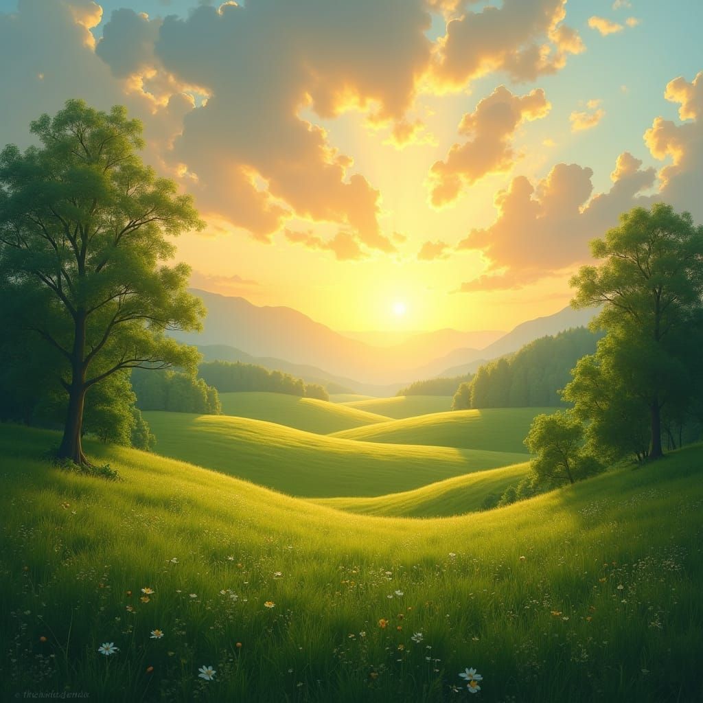 Sunrise Over Green Meadow in Impressionist Style