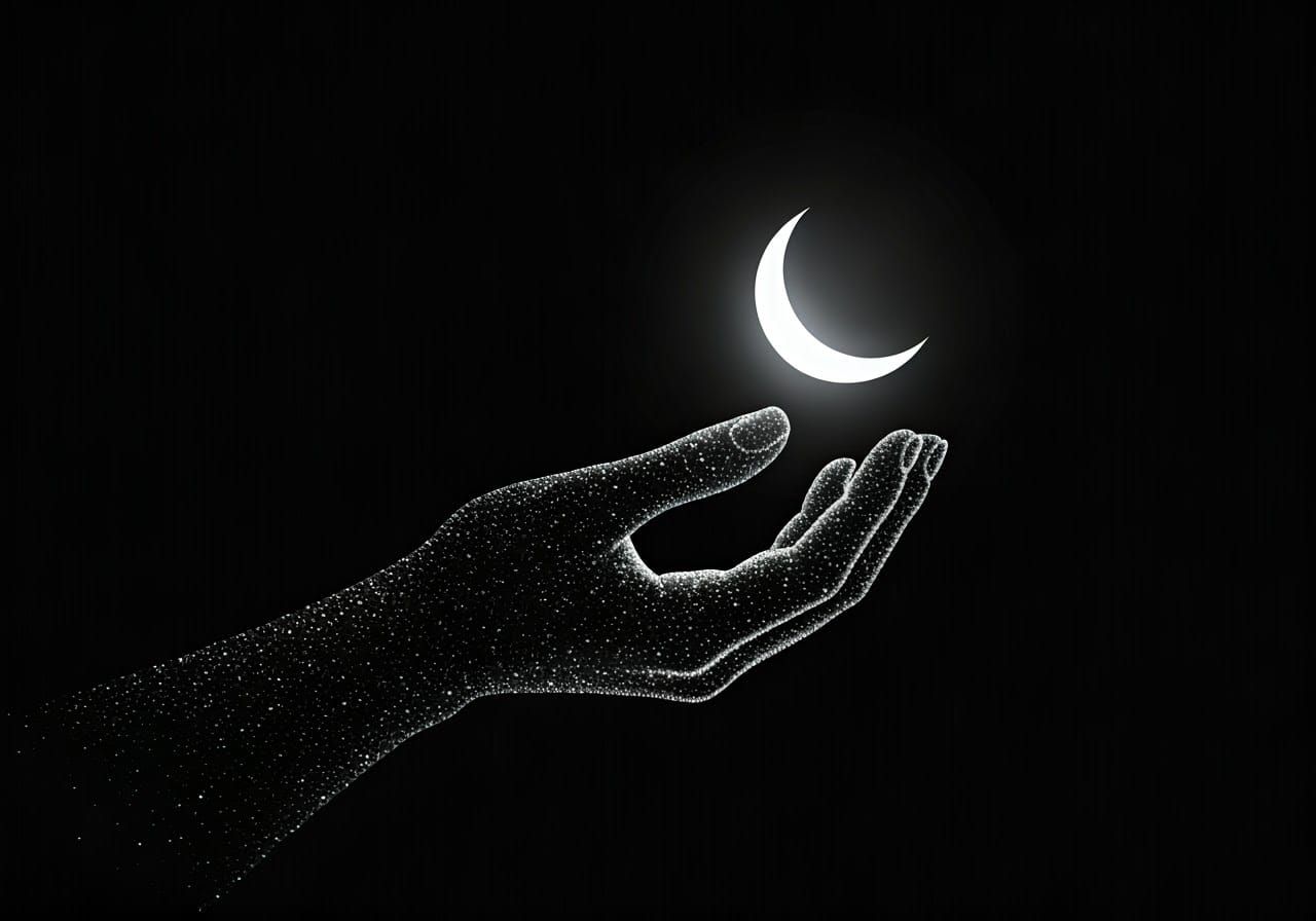 Cosmic Hand Cradles Luminous Crescent Moon in Deep Space