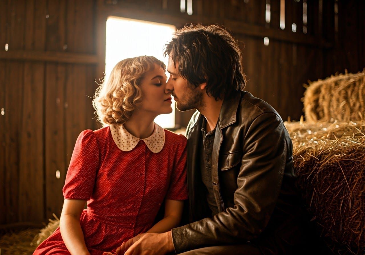 Warm Vintage Barn Romance under Widescreen 16mm Cinema Grain