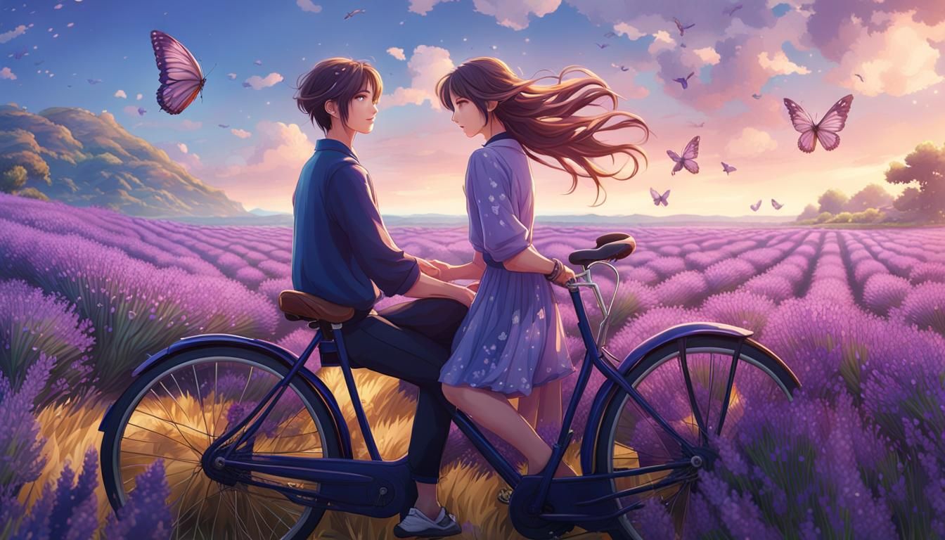 Romantic Bicycle Ride Through Lavender Field in Manhwa Style