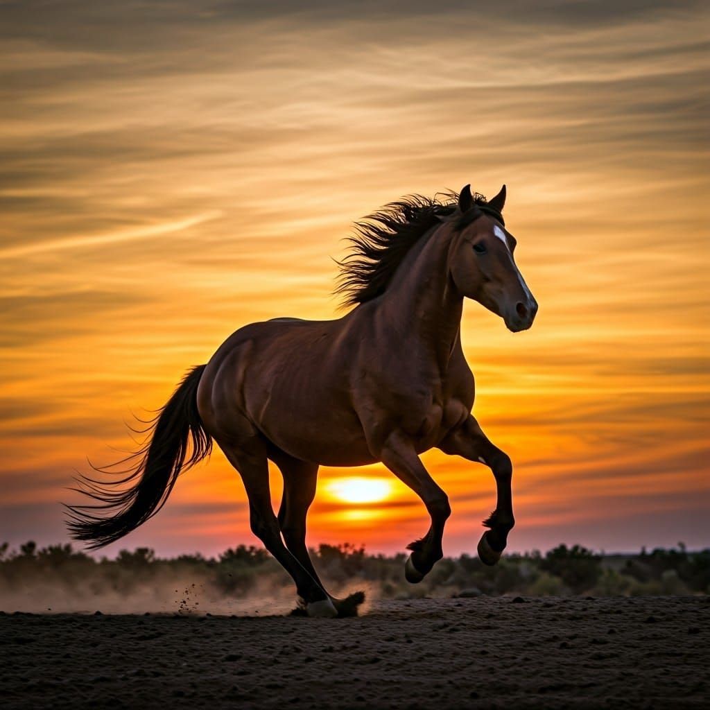 Majestic Mustang Galloping at Sunset: Dramatic Lighting