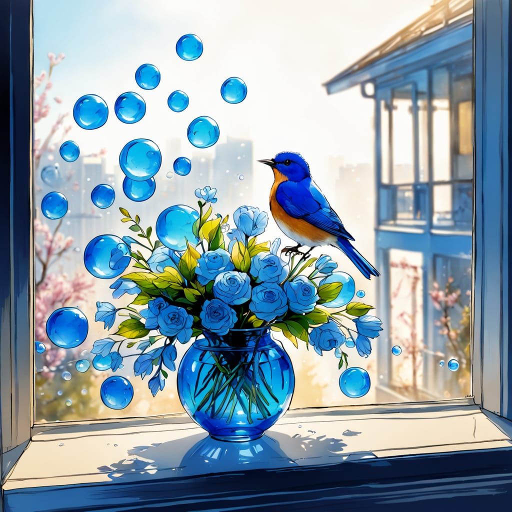 Bold Blue Bird Amongst Blossoms and Bubbles