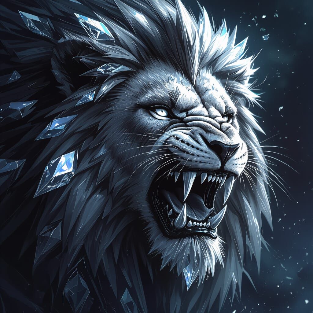 Majestic Lion Hybrid with Crystalline Teeth in Dark Fantasy