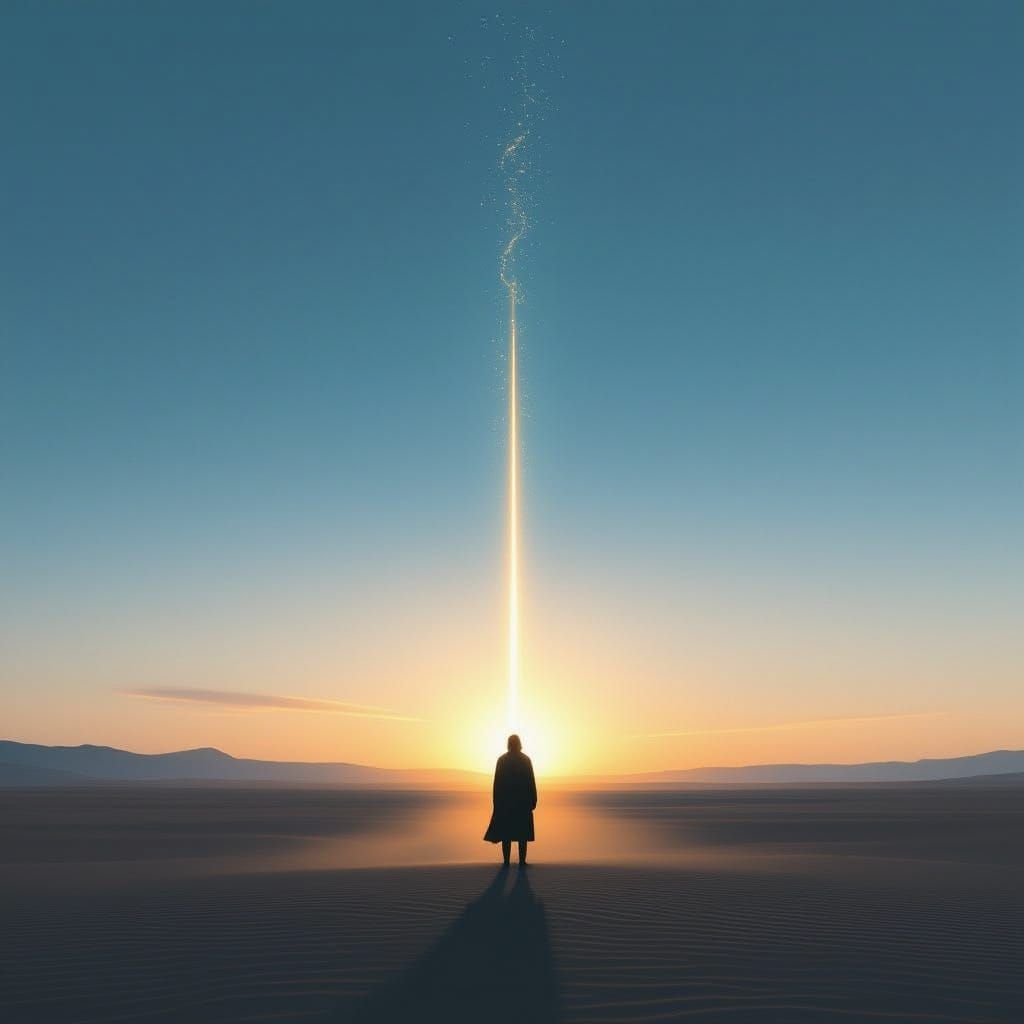 Lone Figure in Twilight Plain with Faint Light