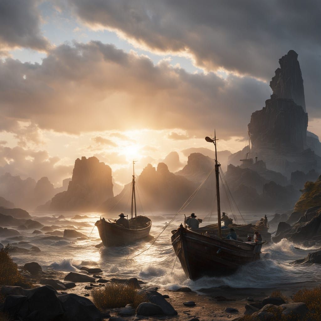 Weathered Fishermen in Dramatic Coastal Scene