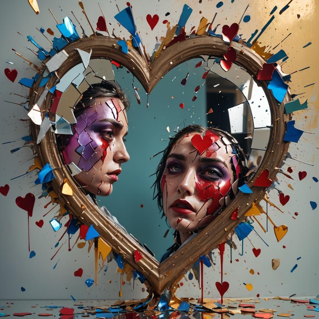 Broken Hearts Mirror Reflection in Splash Art Style