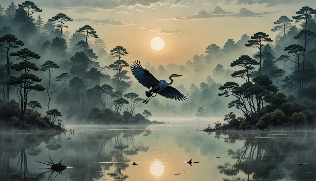 Heron's Dawn Flight: Japanese Ink Wash Painting