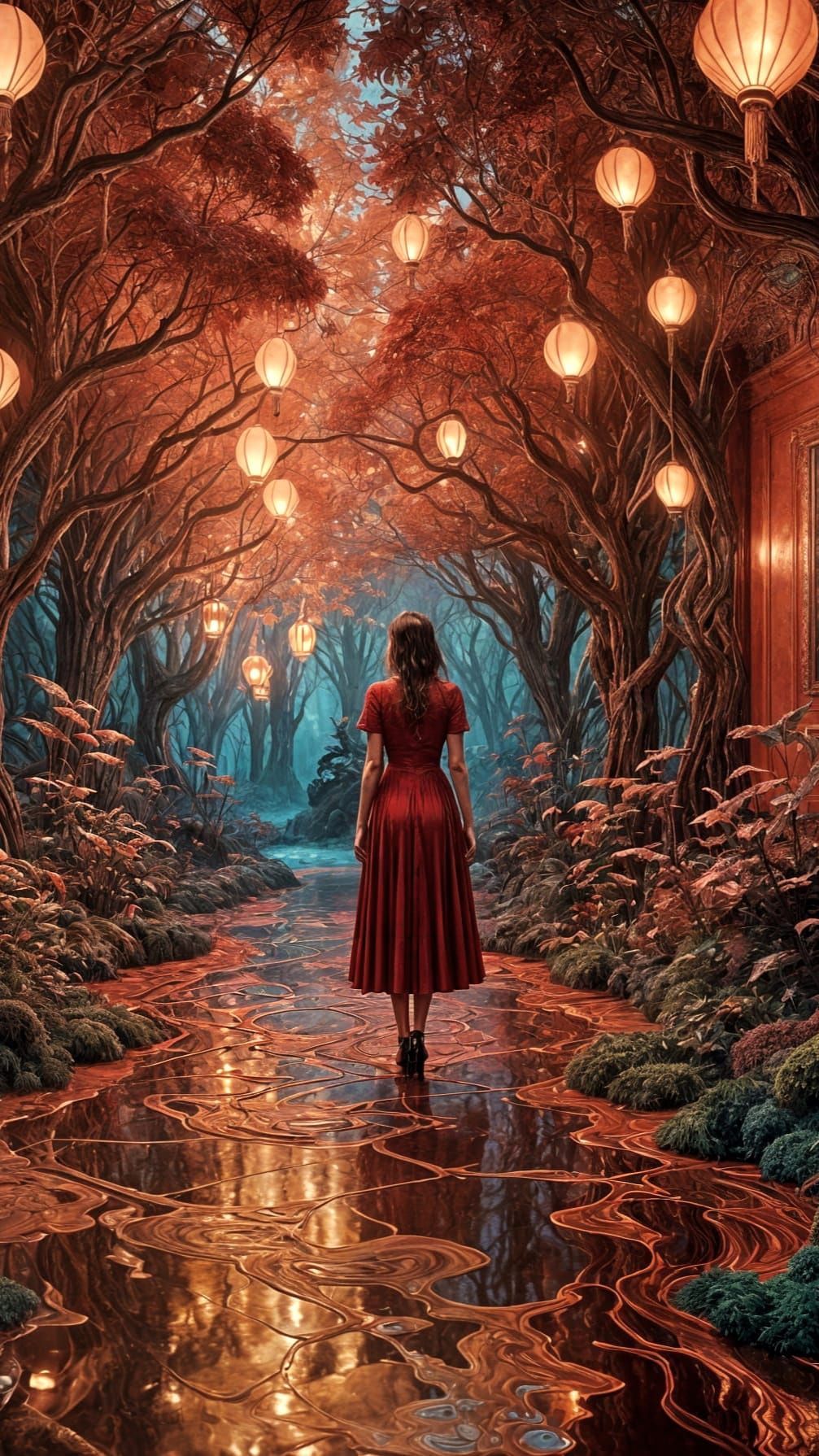 Surreal Red Room Transcends into a Mystical Forest