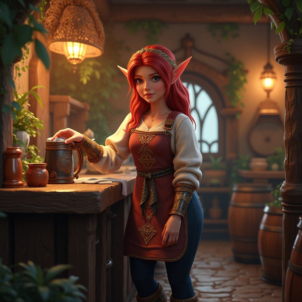 Vibrant Red-Haired Elf Tavern Owner in Rustic Ambiance