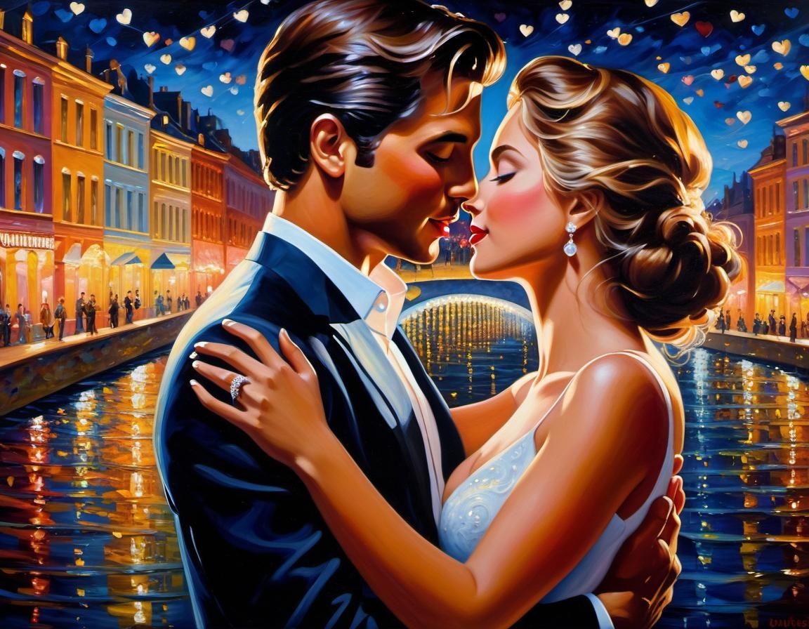 Romantic Night: An Expressionist Oil Painting of Love