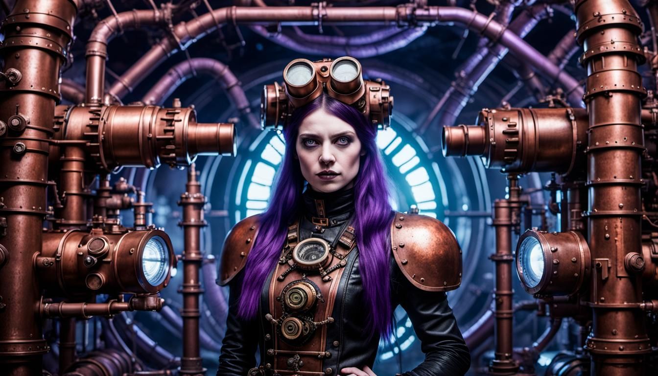 Goth Steampunk Goddess Amidst Oscilloscope and Copper Pipes