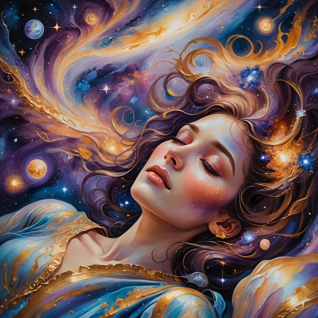 Ethereal Woman Sleeping in Cosmic Dreamscape