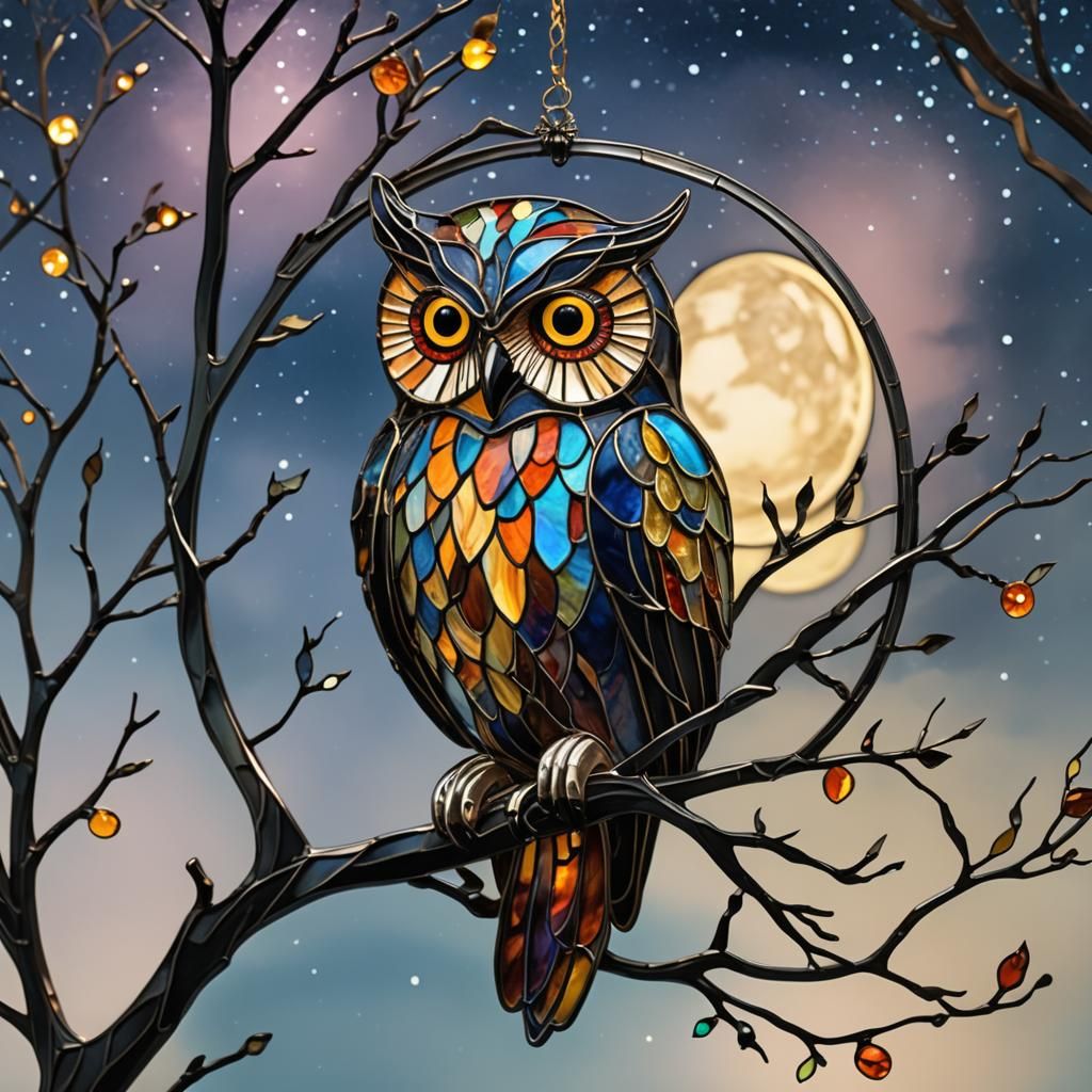 Stained Glass Owl Ornament in Art Nouveau Style
