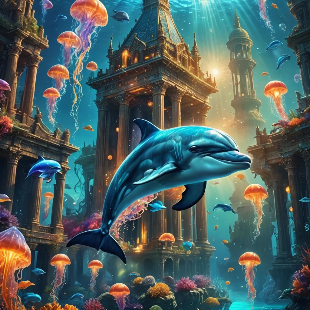 Mythic Dolphin in Underwater City, Fantasy Art