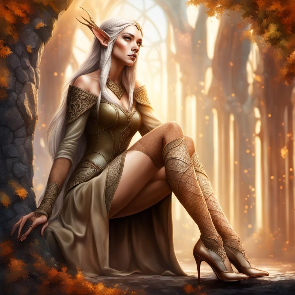 Beautiful Elven Girl in Tan Stockings and High Heels