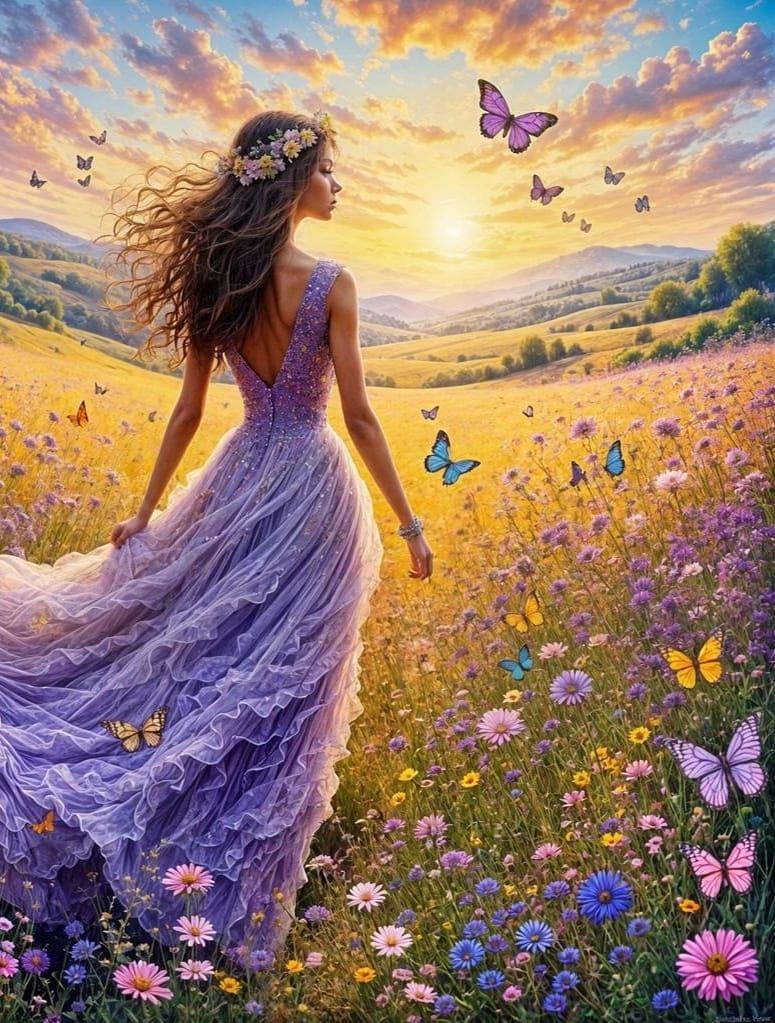 Woman in Wildflower Field: Klimt-Inspired Surrealism