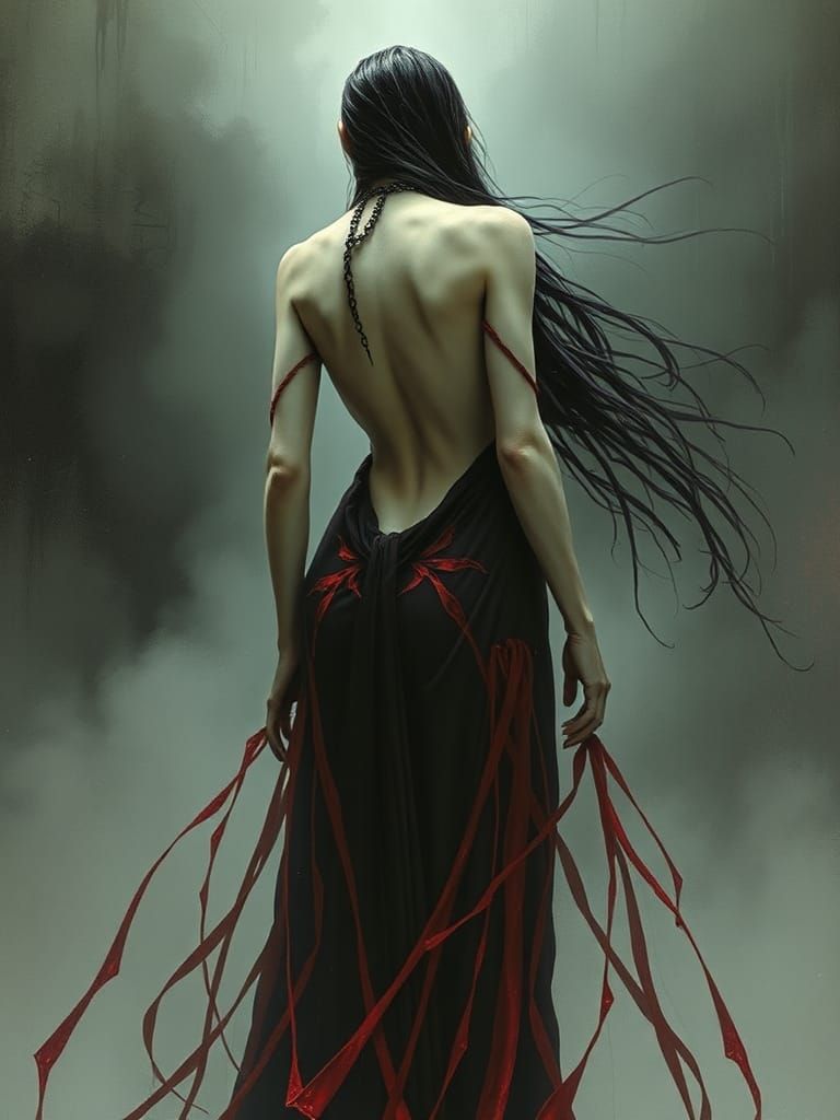 Ethereal Woman in Red Dress, Art Nouveau Style