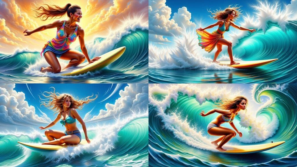 Surreal Seaside Goddess Rides Shimmering Waves in a Fantasti...