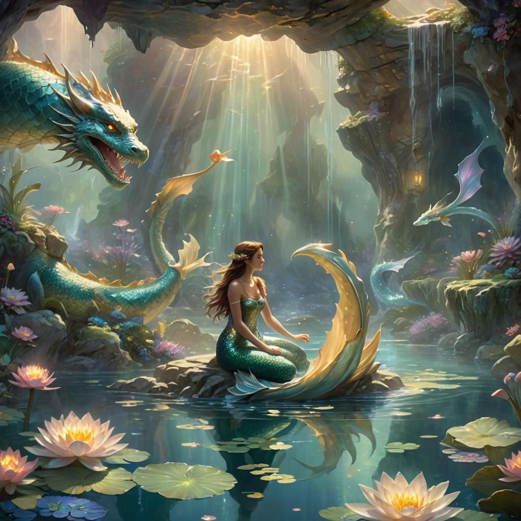 Mermaid and Dragon in Sunlit Cave