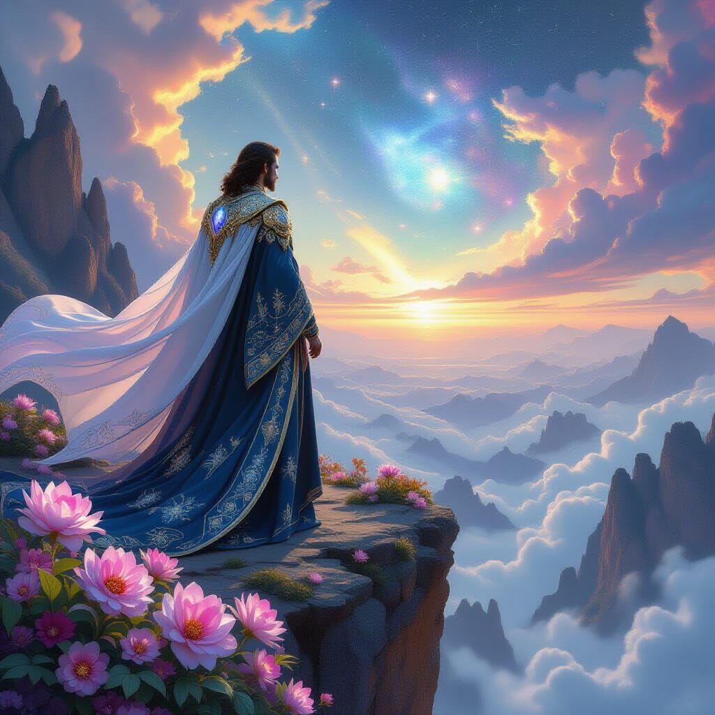 Regal Figure on Cliff Overlooking Iridescent Landscape