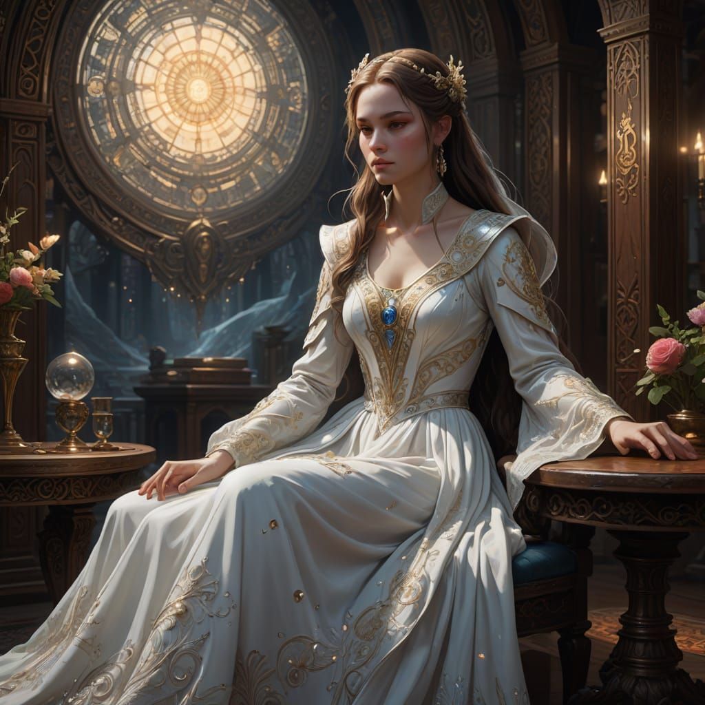 Poised Beauty in White, Elegant Digital Painting