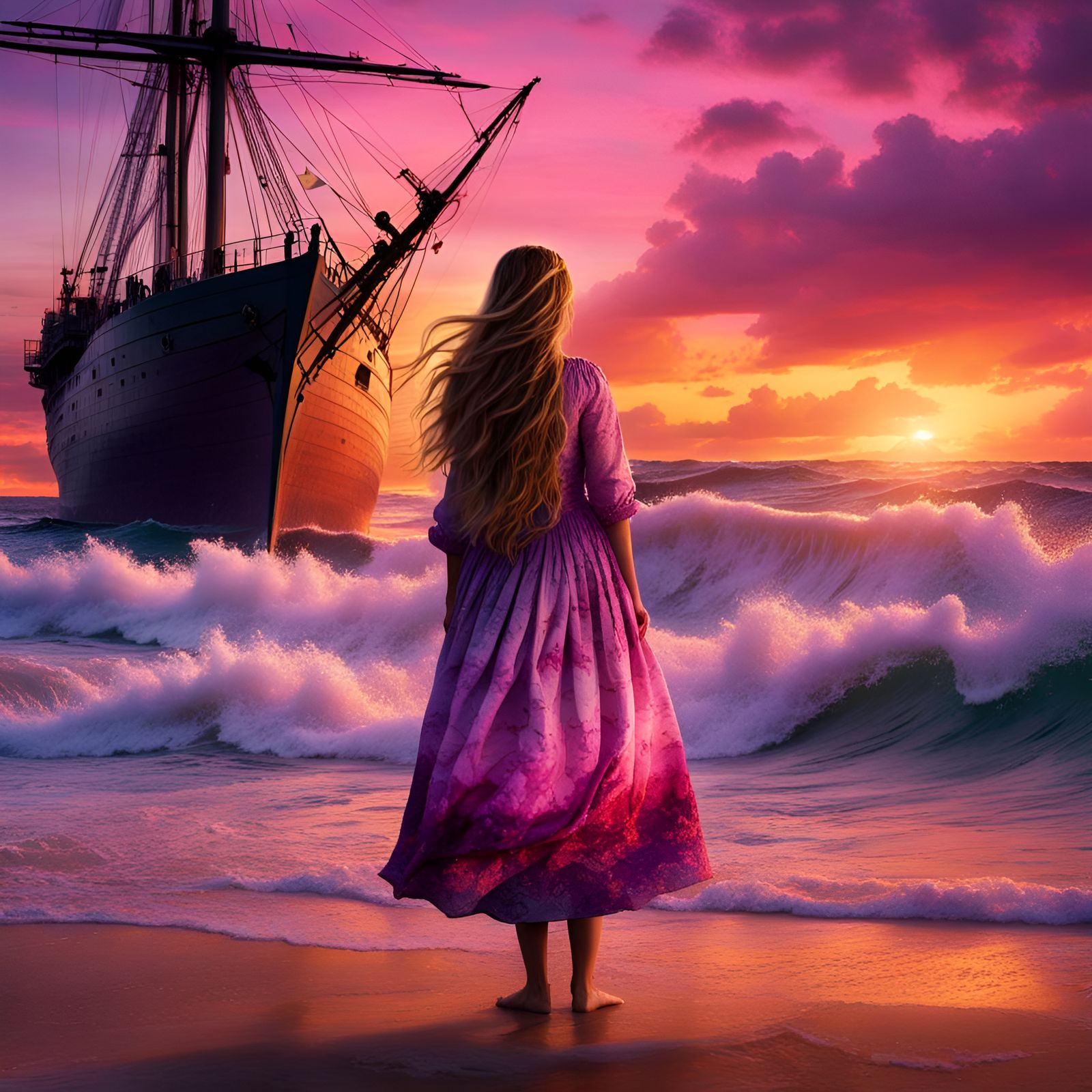 Watercolor Ship Adrift in Sunset Storm