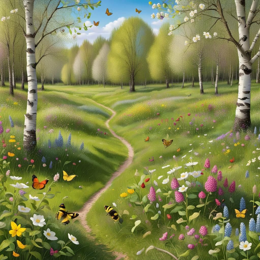Vibrant Spring Meadow with Flowers and Insects