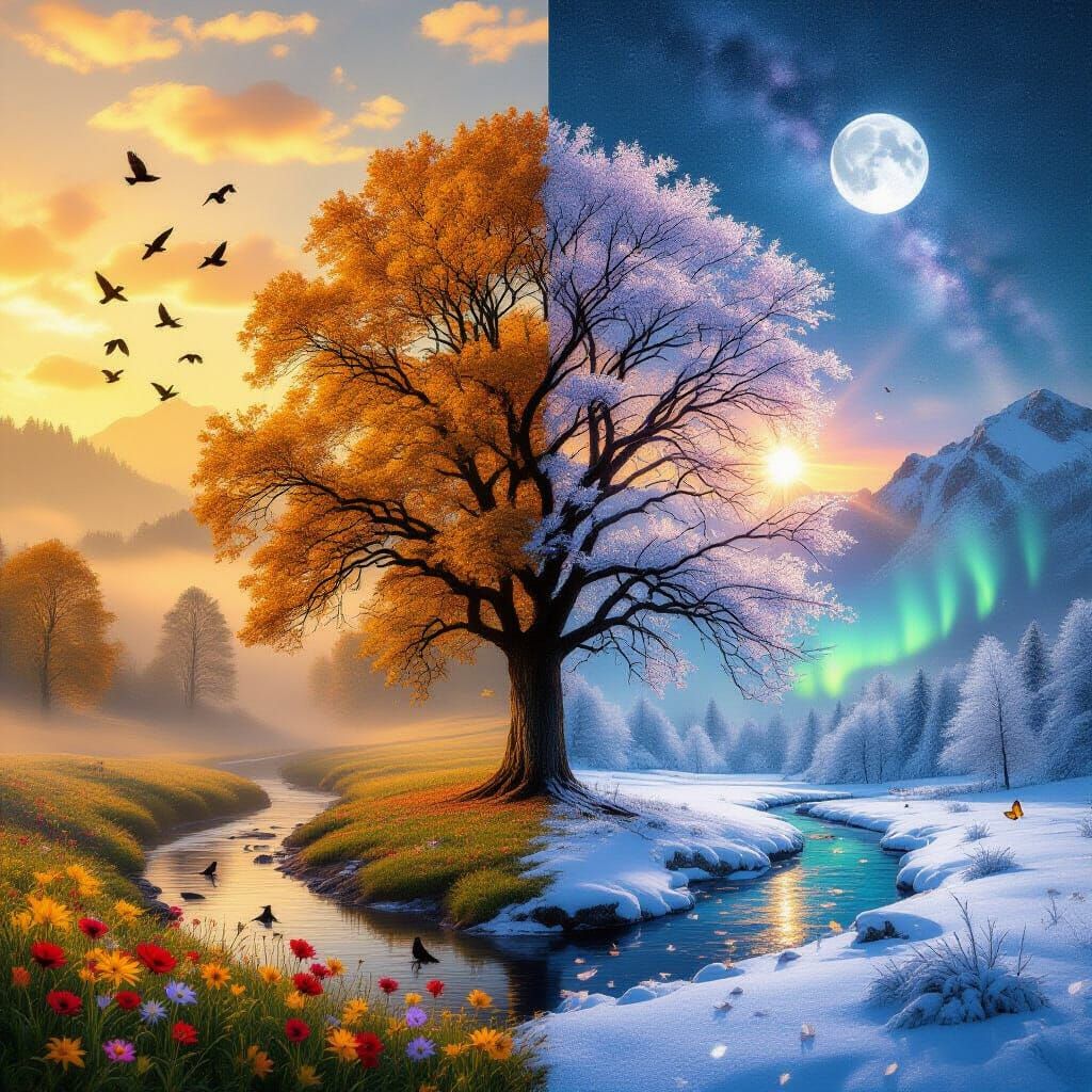 Four Seasons Tree in Painterly Style