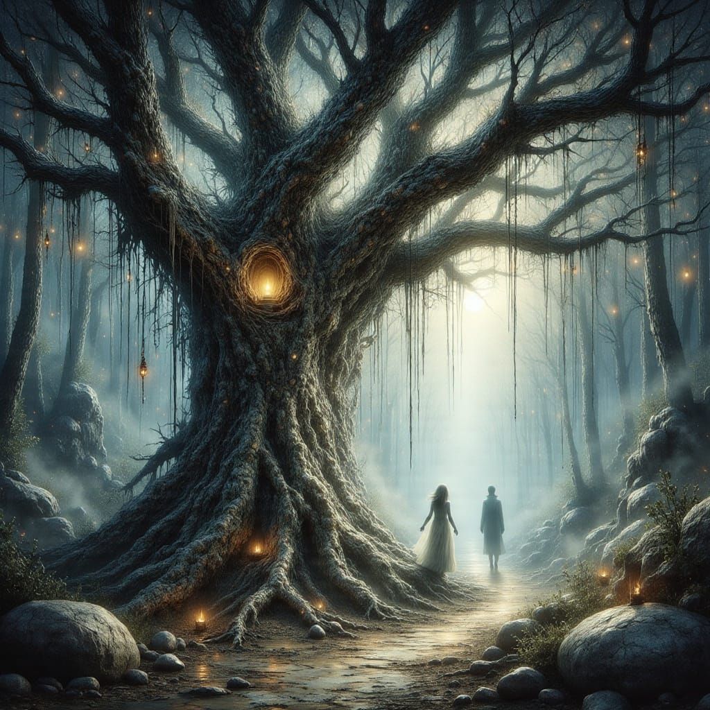 <lora:Ink Poet:1.0> <lora:-Omnious-:1.0> A majestic, ancient tree with roots that intertwine to form natural archways, s...