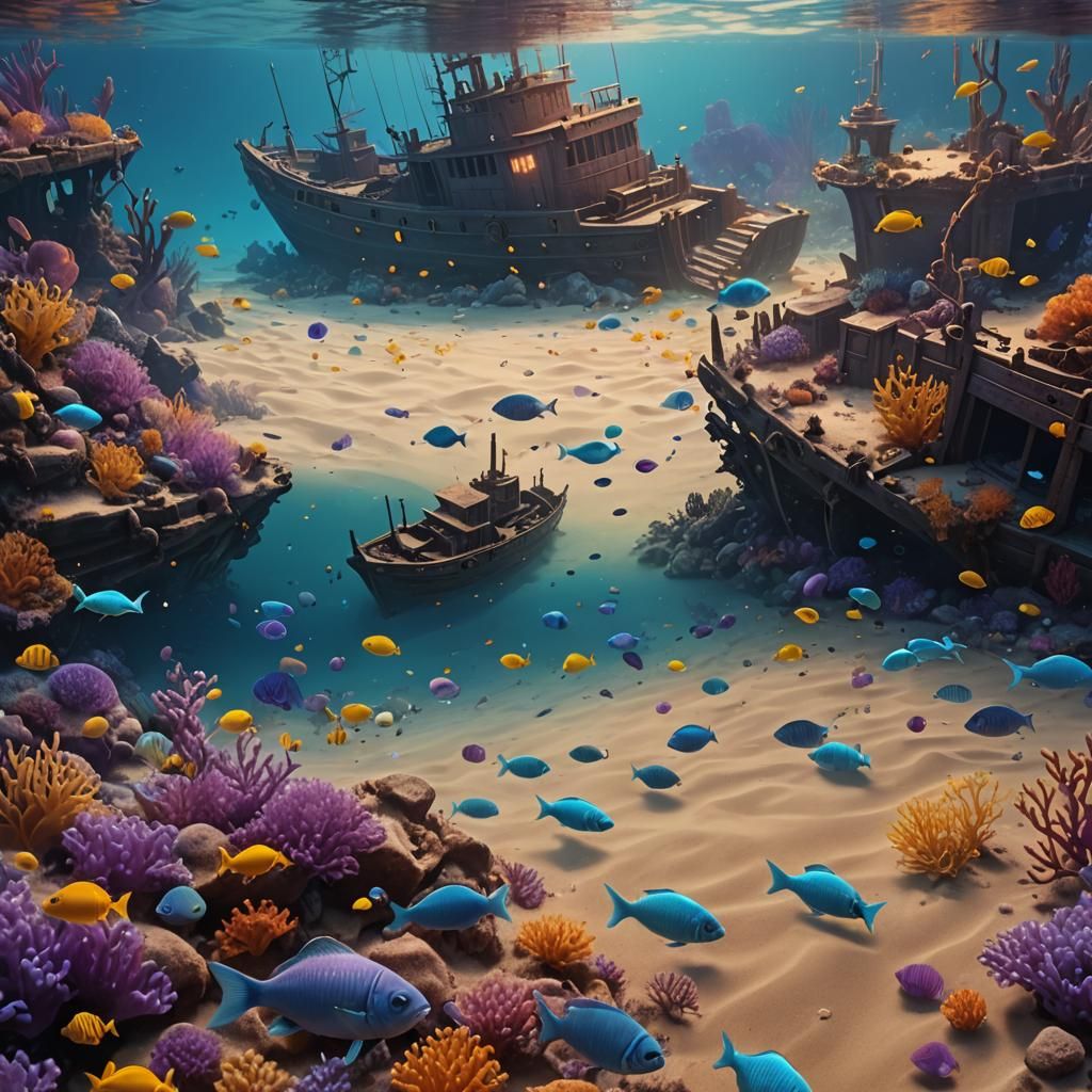Underwater Landscape with Sunken Ship: Fantasy Concept Art