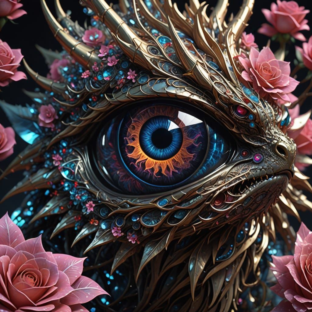 Epic 3D Dragon with Radiant Eyes on Crystal Fractal Rose