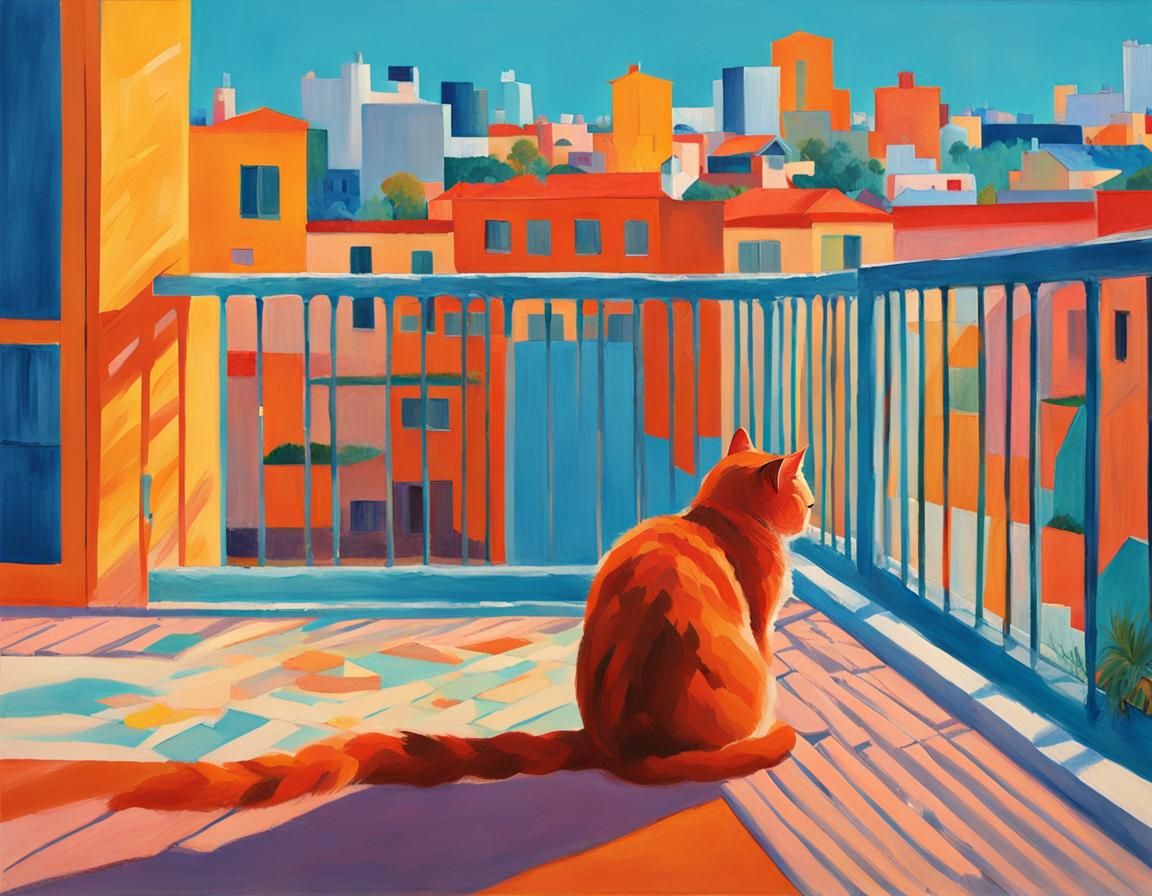 Cat on Balcony in David Hockney Style