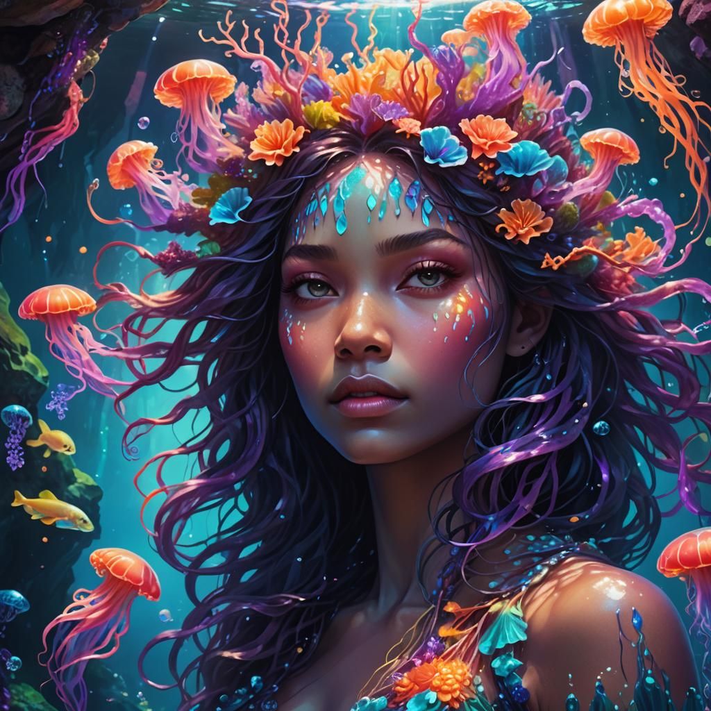 Water Goddess in Iridescent Underwater Cave