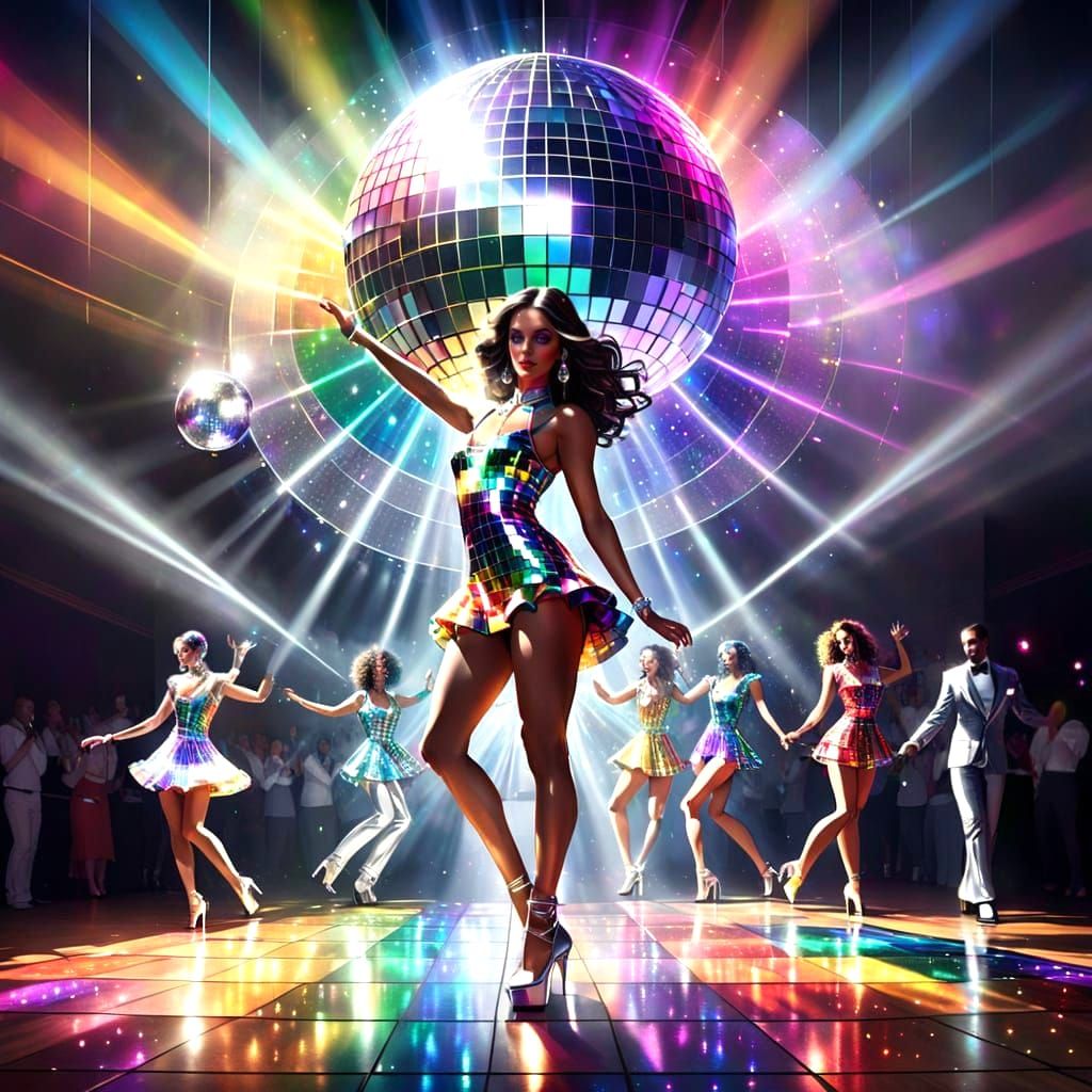 Glamorous Disco Dancers in a Vibrant, Rainbow-Lit World
