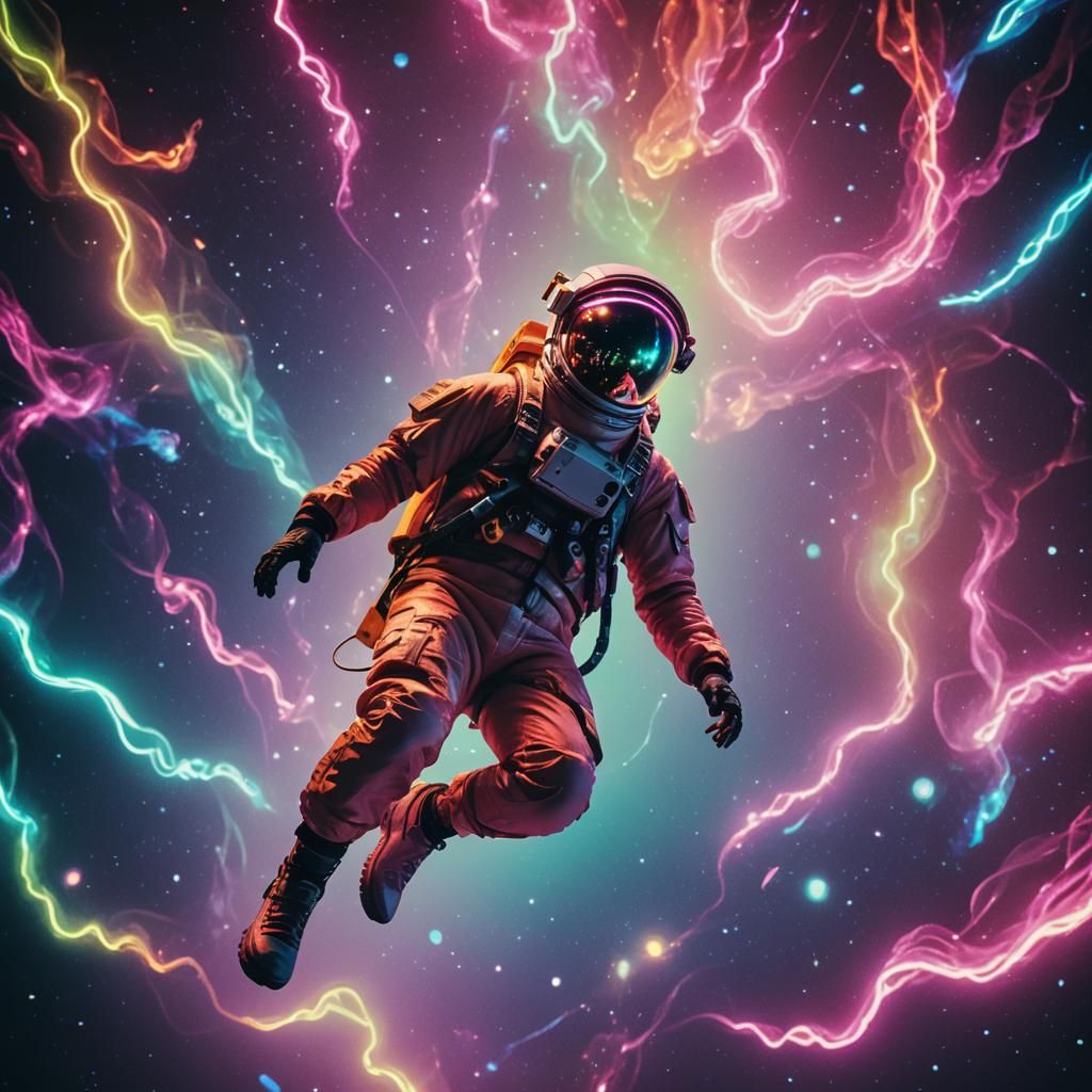 Translucent Man Floating in Neon Space