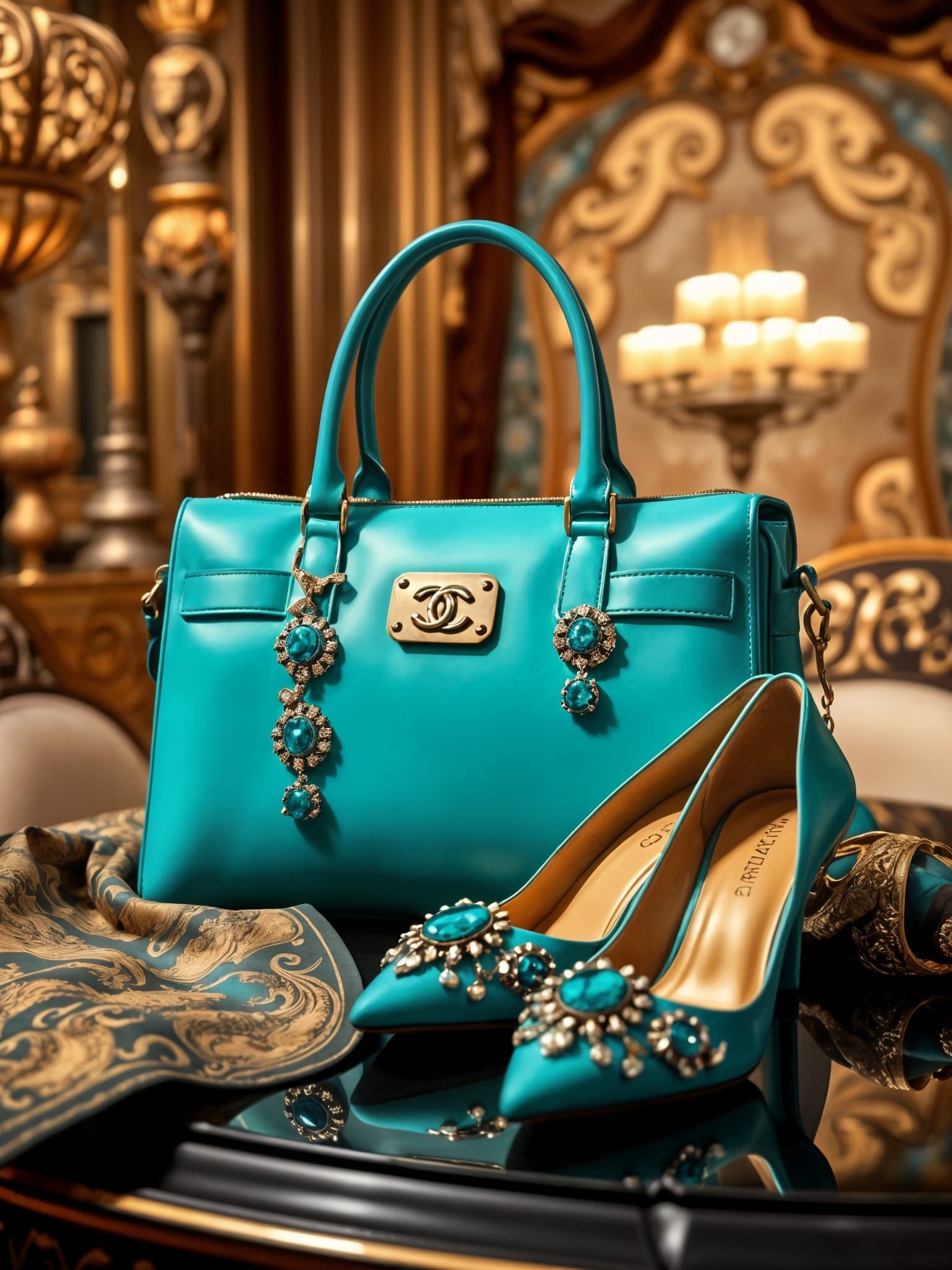 Turquoise and Gold Fashion Accessories in Versace Style