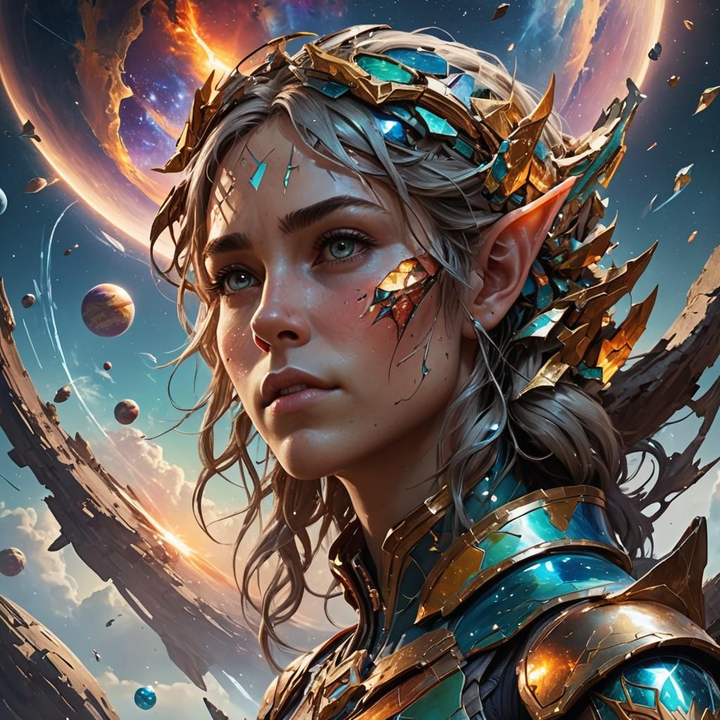 Elf Gazing at Shattered Planets in Sky