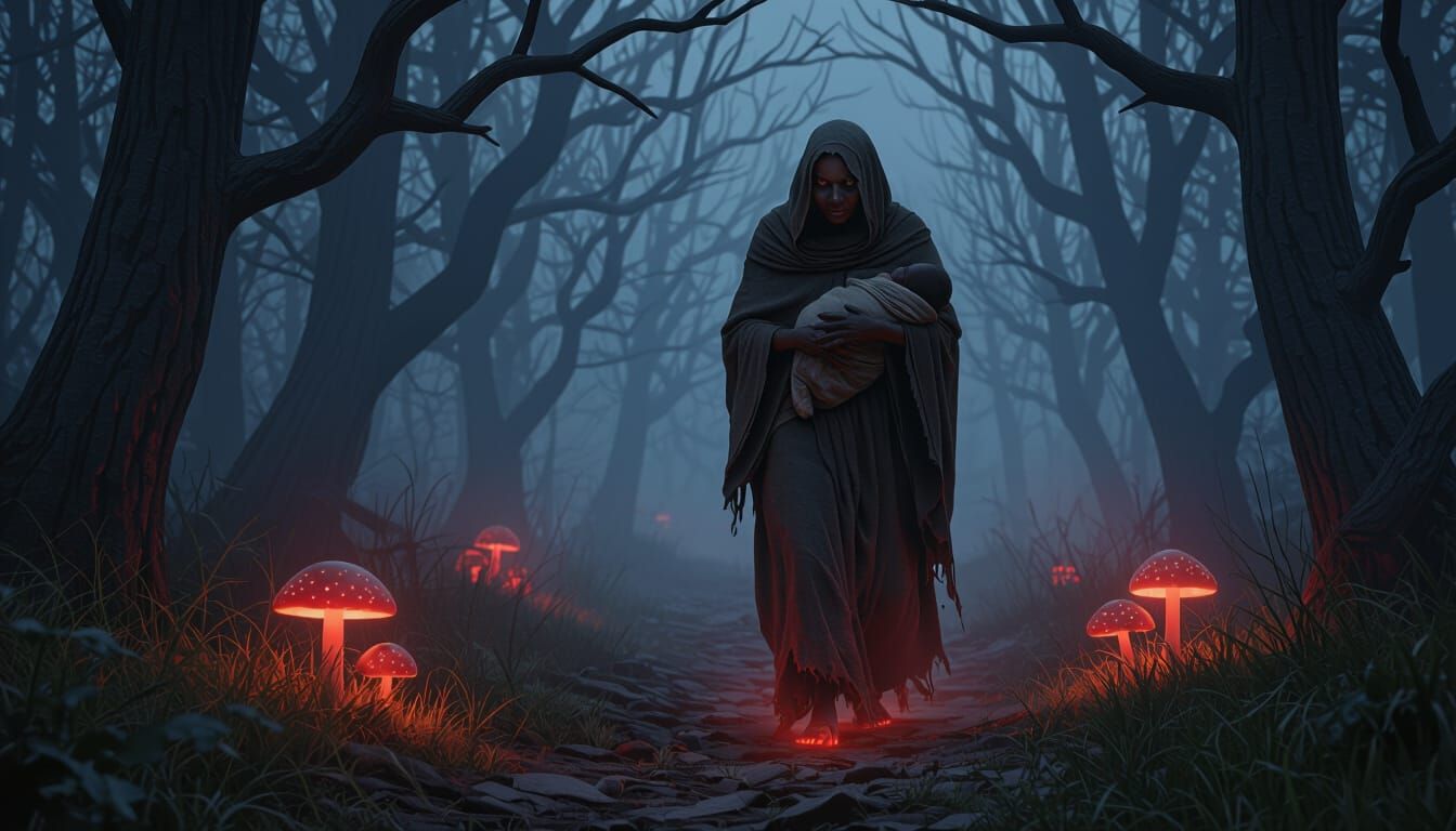 Eerie African Witch Walks Misty Forest Path