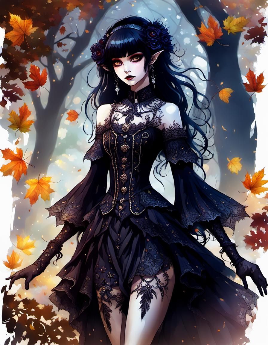 Gothic Elf in Autumn Garden, Sketch Style