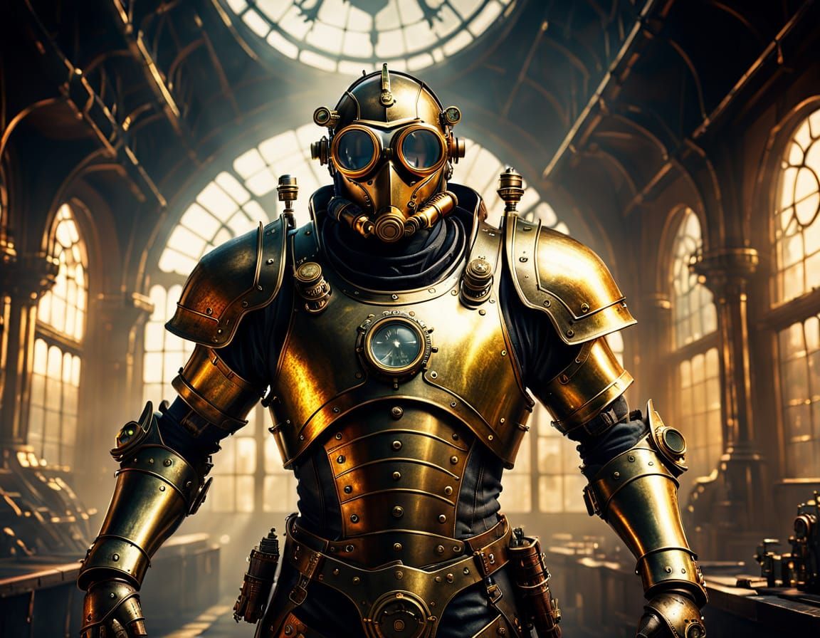 Steampunk Warrior in Brass Armor Concept Art