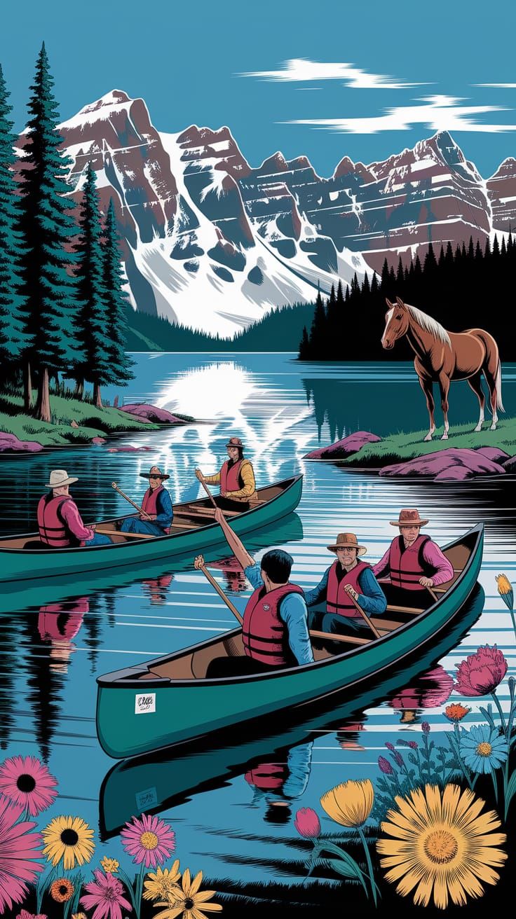 Canoeing on a Lake in Pulp Comic Style