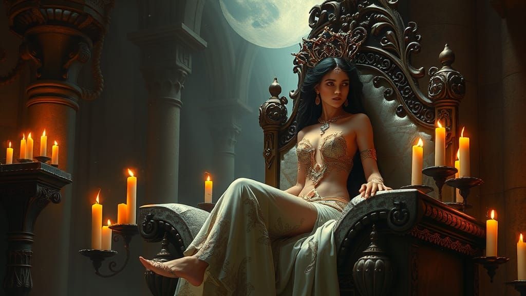 Enchantress on Stone Throne in Hyperrealistic Style