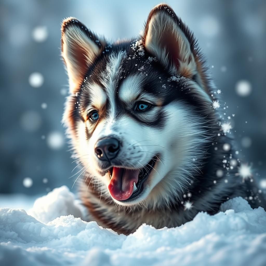 Hyperrealistic Husky Puppy in Snow, Splash Art