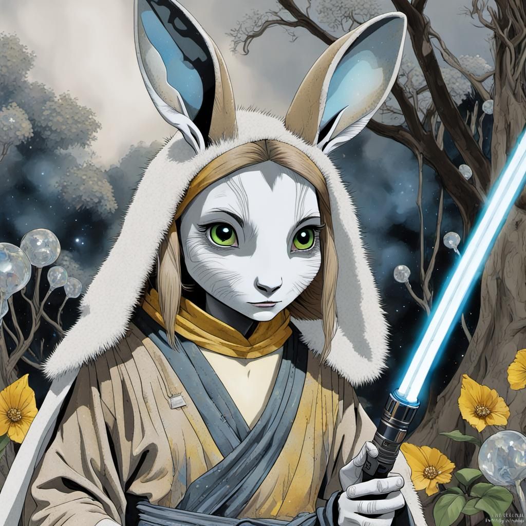 Humanoid Rabbit Alien Jedi Padawan in Traditional Robes Prac...