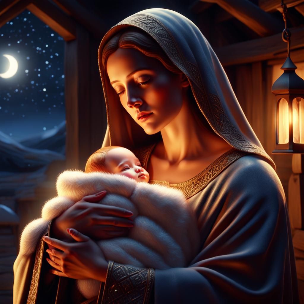 Mary and Baby Jesus in Cosy Stable at Night