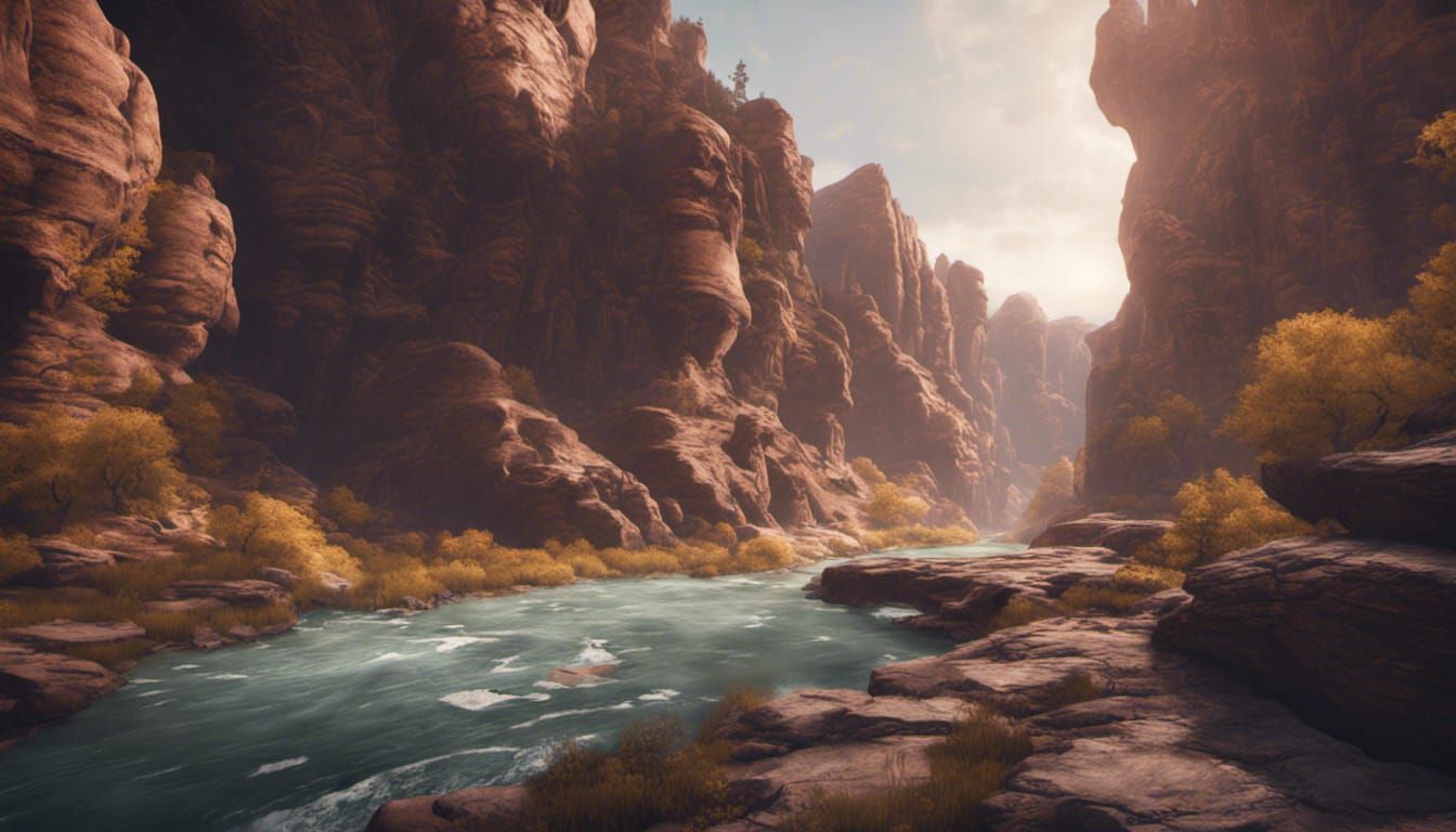 Deep Sandstone Gorge with River in Matte Painting Style
