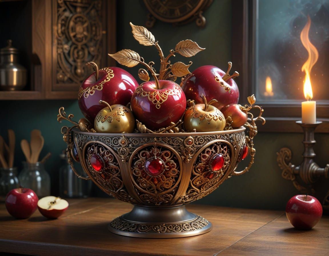 Fruit bowl of ornamental steampunk apples