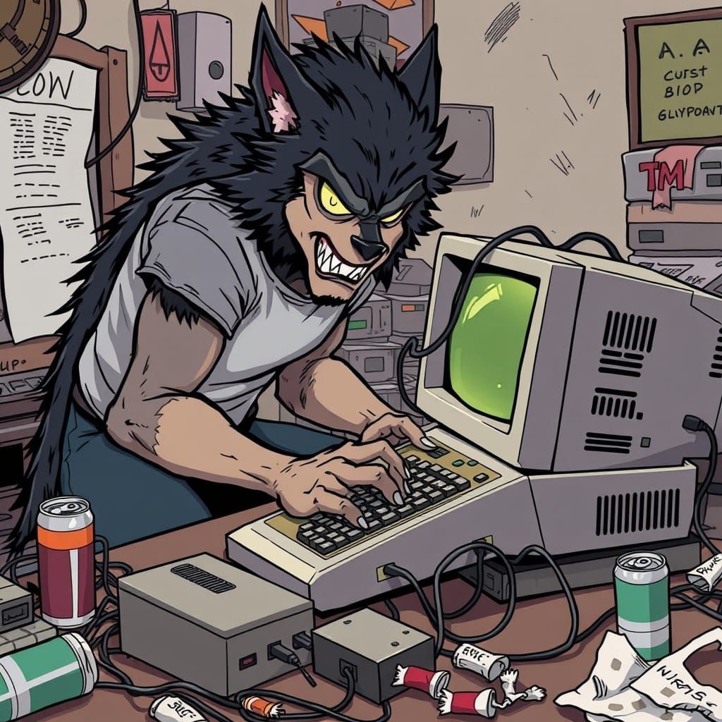 Teen Werewolf Homework Frenzy in 80s Cartoon Style